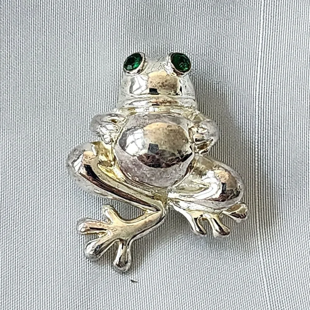 Best Silver Tone Green Jeweled Eyes Potbelly Frog Pin Pendant‎ Necklace